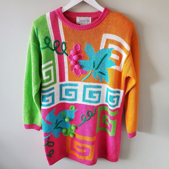 Santoria S 90s Dopamine Artsy Eclectic Cabincore Embroidered 3D Knit Sweater - Picture 1 of 11